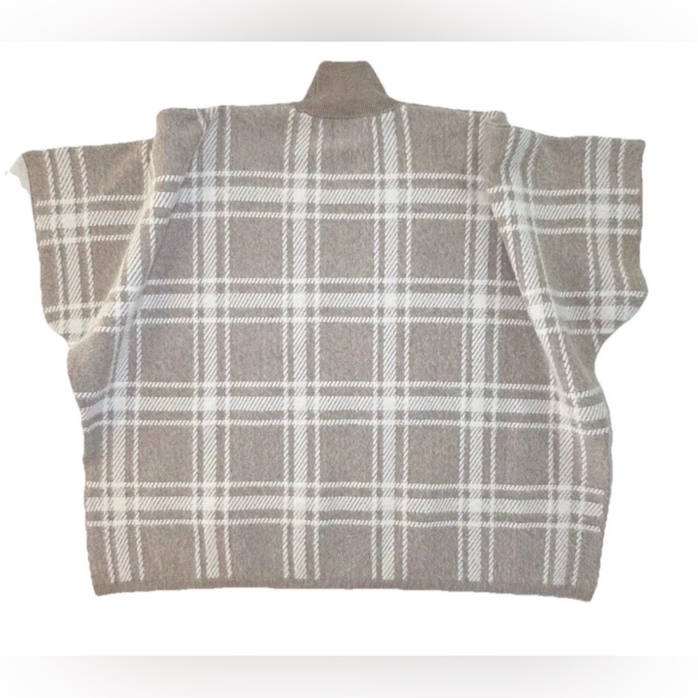 Rachel Zoe Tan White Plaid Heavy Turtleneck Sweater Poncho One Size Super Soft - Picture 4 of 6